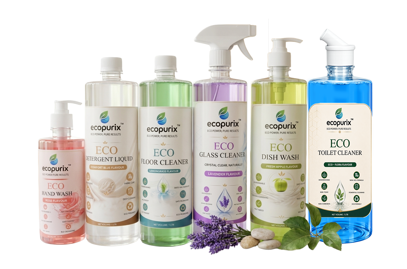 Ecopurix eco-friendly cleaning product range — hand wash, detergent liquid, floor cleaner, glass cleaner, dish wash and toilet cleaner